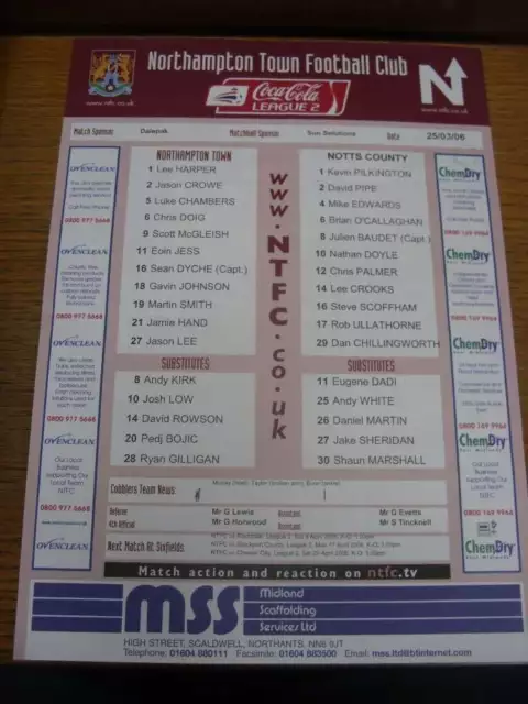 25/03/2006 Colour Teamsheet: Northampton Town v Notts County  (single sheet, fol