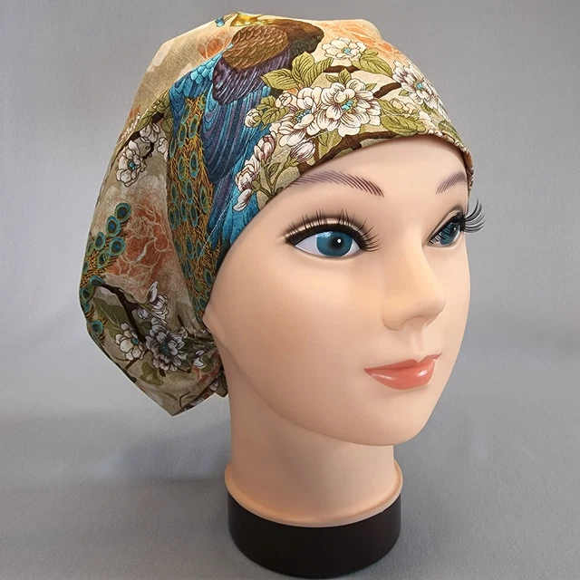 Peacock Floral Euro Scrub Cap Women's Surgical Hat Adjustable Toggle Flower Bird