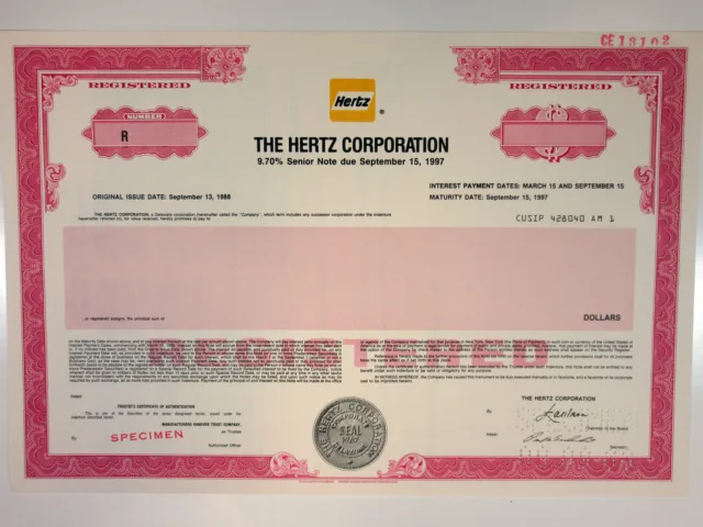 Hertz Corporation 1988 Specimen Registered 9.70% Bond $-Odd XF SC-USBN Red