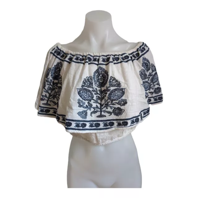 Ripcurl Small Off-Shoulder Cropped Top White Blue Ruffle Tree Print Embroidered