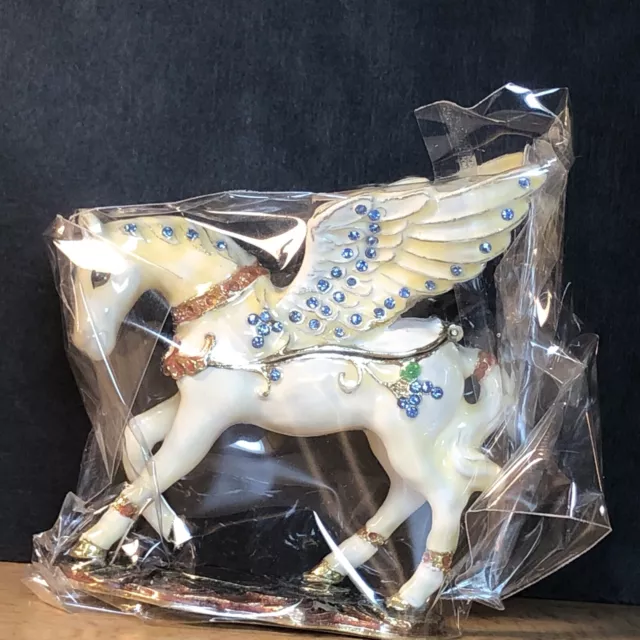 Jeweled Pegasus Horse Figurine Enameled Hinged Trinket Jewelry Box 3-1/8” H New