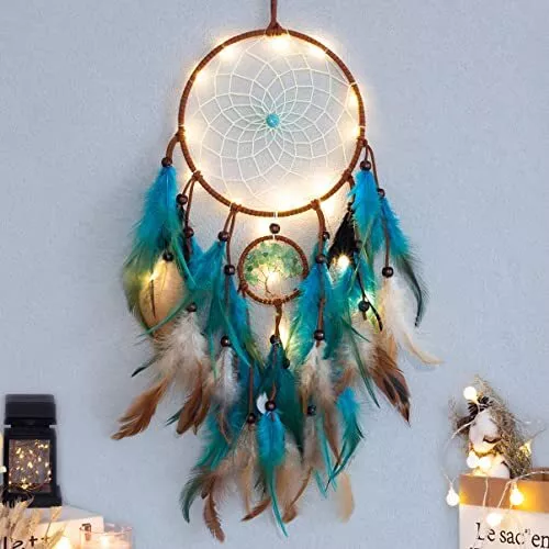 Dream Catcher Blue Tree of Life with Feathers Mobile LED Fairy Lights Handmad...