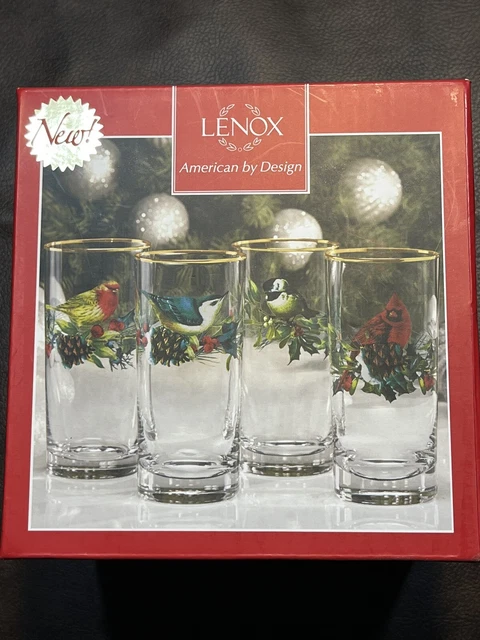 LENOX “Winter Greetings” Highball Glasses 12 Ounce Holiday 4 Birds Set of 4.