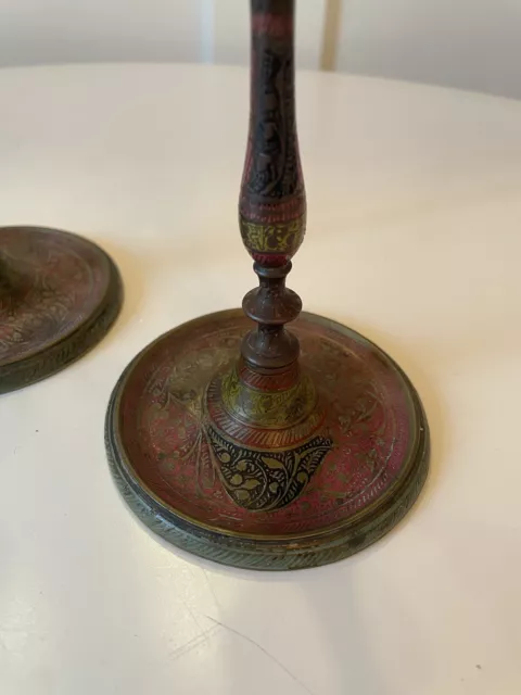 2 x Antique Hand Etched Slim Brass Candlesticks Art Nouveau Cloisonné Pair 2