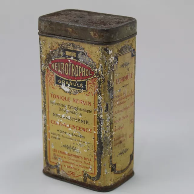 Antigua Caja de Hojalata NEUROTROPHOL Tonique Nervin Farmacia Byla PARIS c.1920