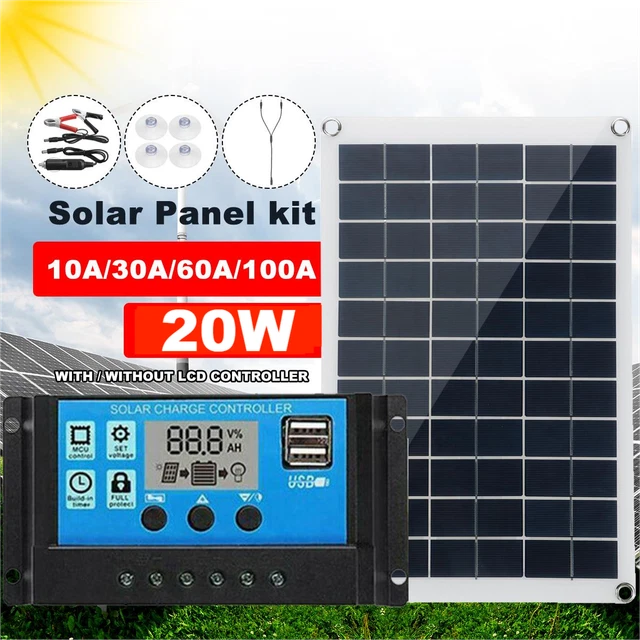 Panneau Solaire Kits 20W 12V Chargeur Batterie +10-100A Contrôleur Caravan Boat