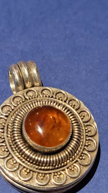 Antique Gold Colour Snuff/ Pill Pendant Fully Stamped Silver Real Amber.