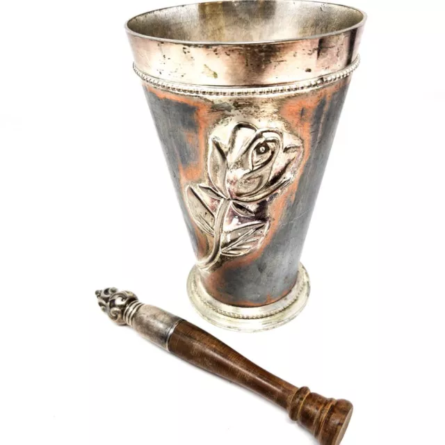 2 Pcs Sterling NL12 Antique Mortar and Wood and Sterling Silver Pestle Set