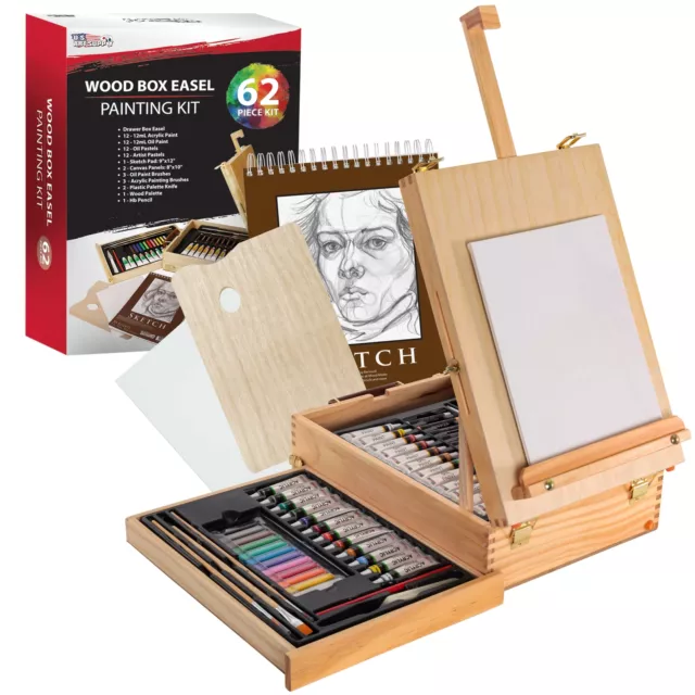 62pc Artist Painting Set, Wood Box Easel 12 Acrylic & 12 Oil Paint Colors Canvas