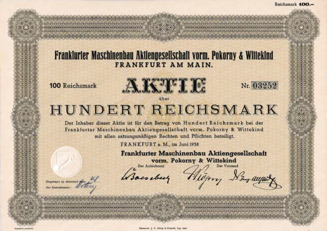 Frankfurter Maschinenbau AG vorm Pokorny & Wittekind Aktie Frankfurt 1938 Hessen