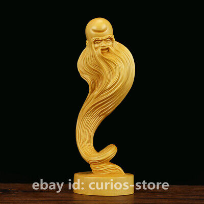 6.7" Chinese Box-wood Hand-carved Taoism Long Beard Longevity God Old Man Statue