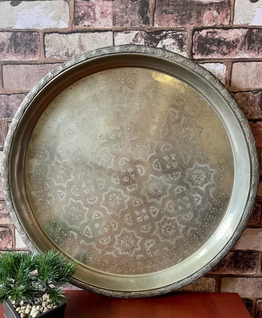 Vintage Islamic Ornate Floral Engraved Metal Platter Tray 22.5”