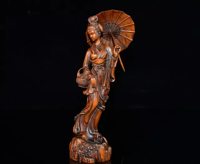 Chinese Antique Boxwood Carved Beautiful Woman Statue Sculpture Home Decor Art