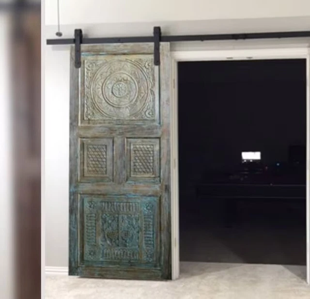 Vintage Carved Barn Door, Reclaimed Wood India Artistic Blue Sliding Door, 80x36 4