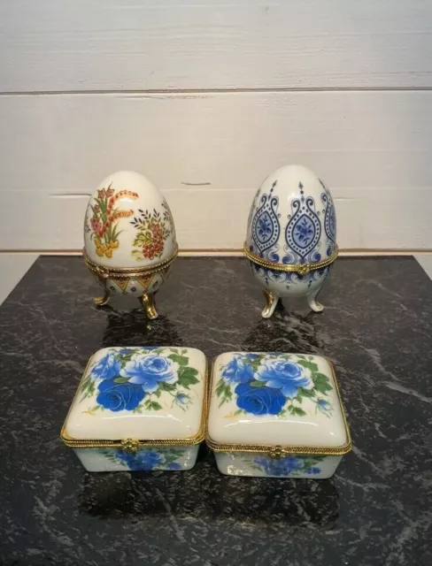 Lot of 4 Decorative Trinket Box’s / 2 - Floral Painted Eggs / 2 - Floral Boxes