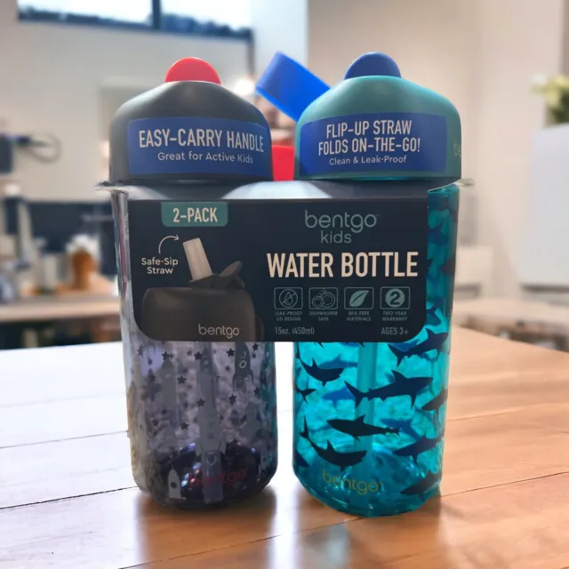 Bentgo Kids Water Bottle 2-Pack -  Leak-Proof BPA-Free 15 oz Cups Rocket & Shark