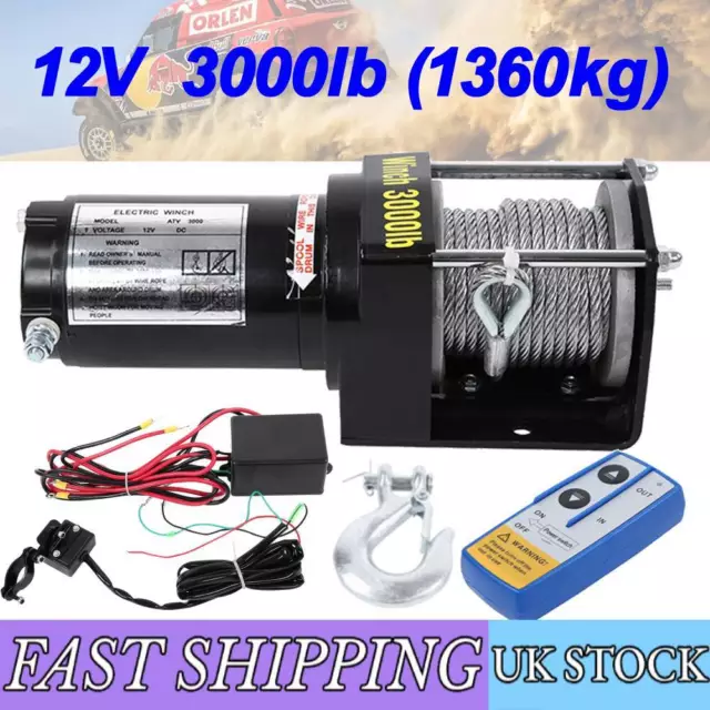 12v Electric Winch Steel Cable 3000lb Heavy Duty ATV Trailer Boat Recovery UK