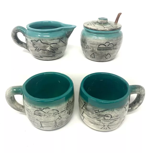 Studio Art Pottery Hand Thrown Creamer Sugar, Cups Southwest Native Pictographs
