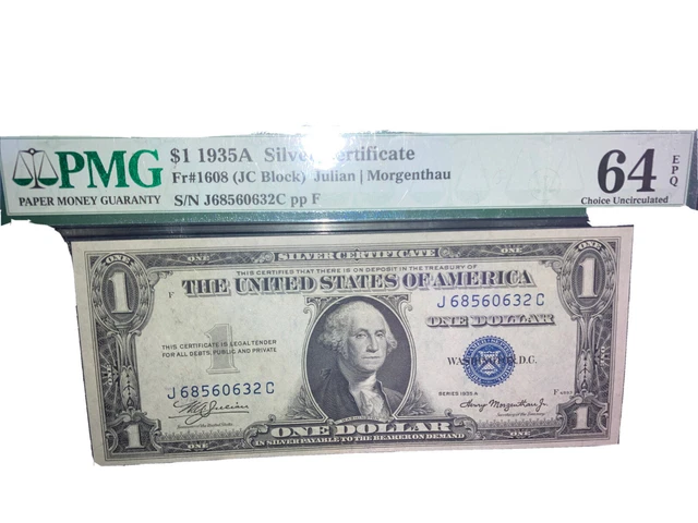 1935 A $1 Silver Certificate,JC Block,FR 1608,Blue Seal,EPQ 64 CH UNCIRCULATED