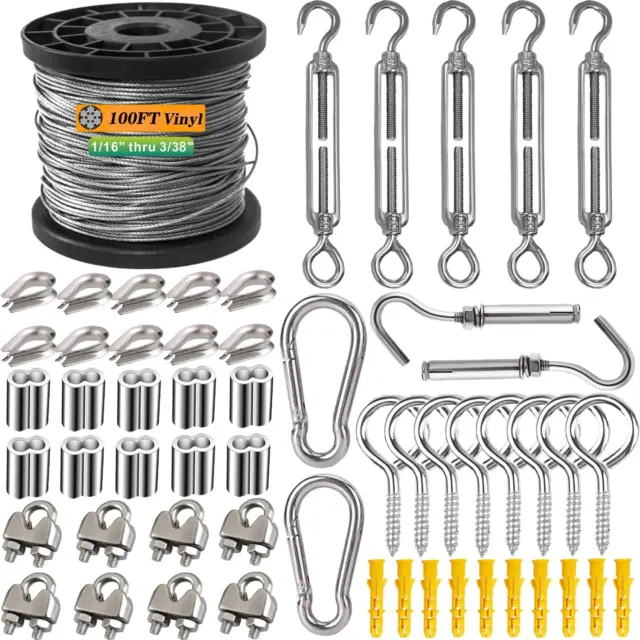 1/16 Wire Rope Kit,304 Stainless Steel Wire Cable 7X7 Strand Core 100Ft Vinyl Co