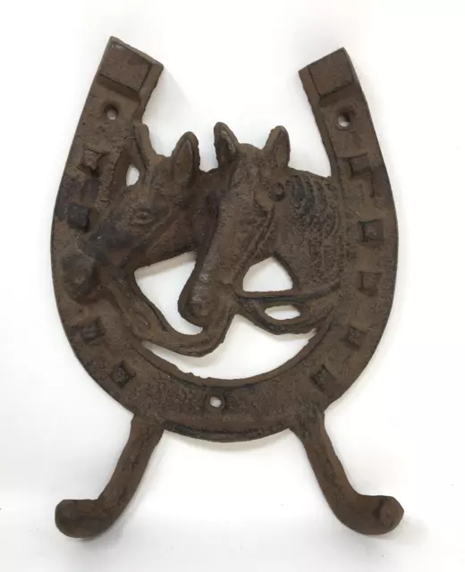 Cast Iron Coat Rack Horses in Horseshoe 8 inch Wall Hanger