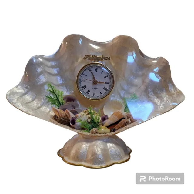 Clock Sea Shell Table/Desk/Dresser Analog Fish Opalescent With Gold Trim Base
