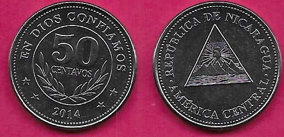NICARAGUA 5O CENTAVOS 2014 UNC COAT OF ARMS WITH LEGEND AROUND,VALUE ABOVE,Scrip