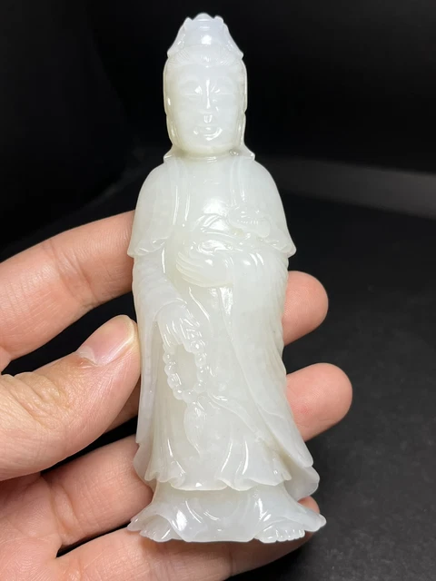Chinese Exquisite Handmade Guanyin carving Hetian Jade Statue