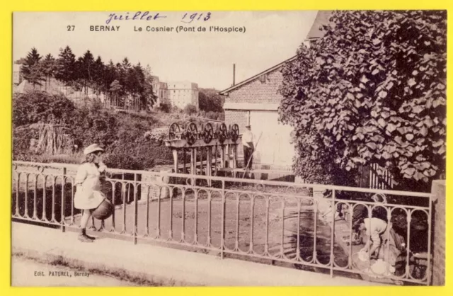 cpa Rare BERNAY (Eure) Le COSNIER Pont de l'Hospice ECLUSE LAVOIR Lavandières