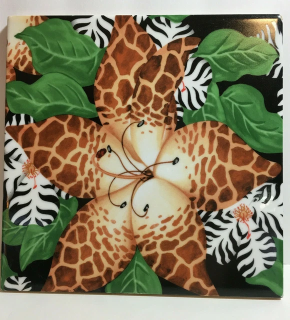 TILE TRIVET 8" Botanical Africa Floral Zebra/Giraffe Print Lily's & Leave's