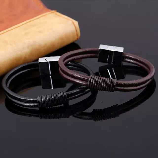 Hot Cool Mens Womens Genuine Leather Multilayer Rope Bangle Magnetic Bracelet