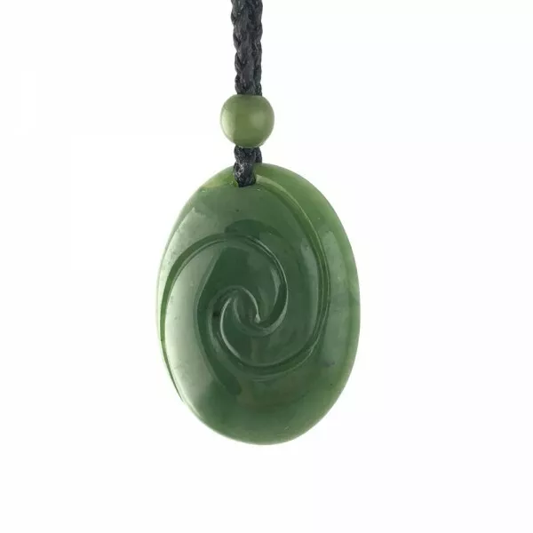 Genuine Natural Green Nephrite Jade Oval Plump Unfurling Fern Pendant Necklace