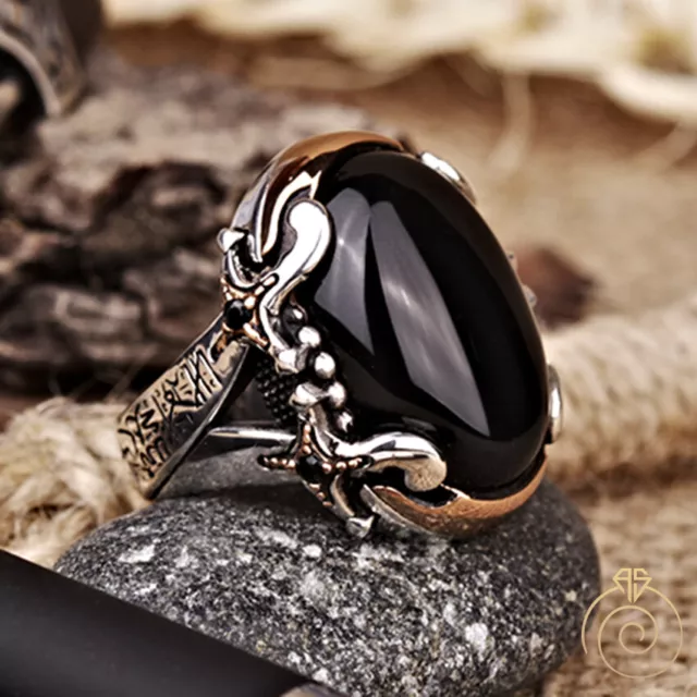 Arabic Engraved Mens Sword Ottoman Ring Onyx Stone Handmade Muslim Gift Jewelry