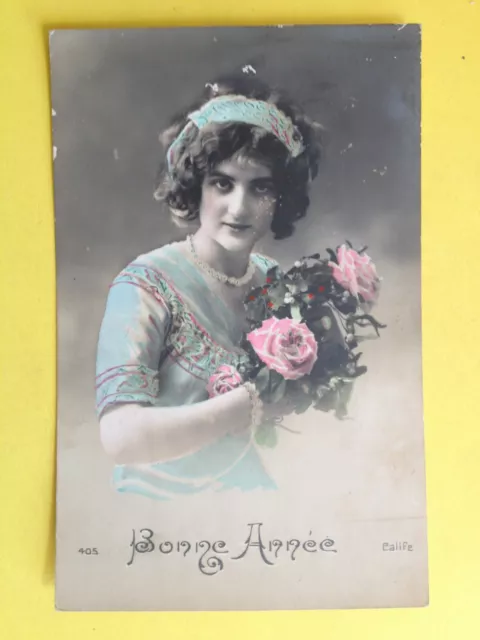 cpa FANTAISIE BONNE ANNÉE 1915 de Emilie Adolphe ROUX d' ARGENTAN à leur Cousin