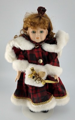 Porcelain Christmas Doll with Red Hair Red Dress and Green Eye's Vintage