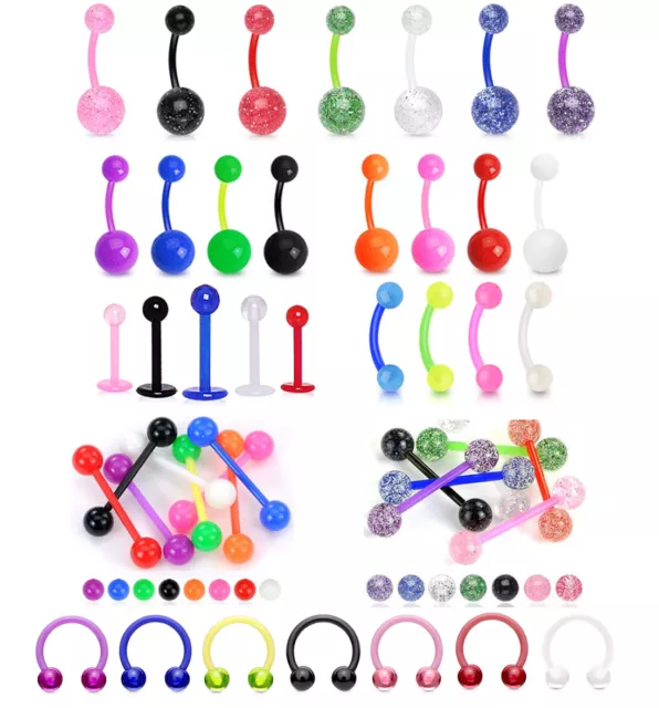 Bioflex Belly Bar Labret Ear Studs Straight Barbells Glitter