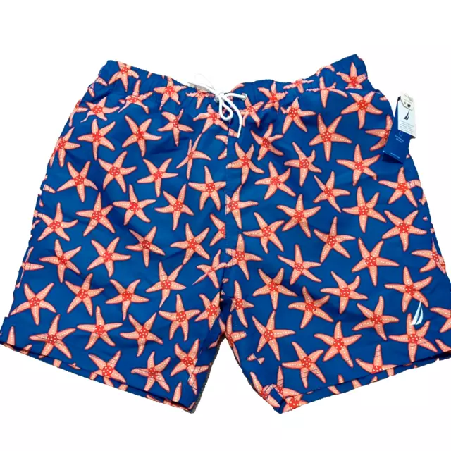 NEW Nautica Swim Trunks Mens Large Blue Orange Starfish Lined Beach Swimming-345