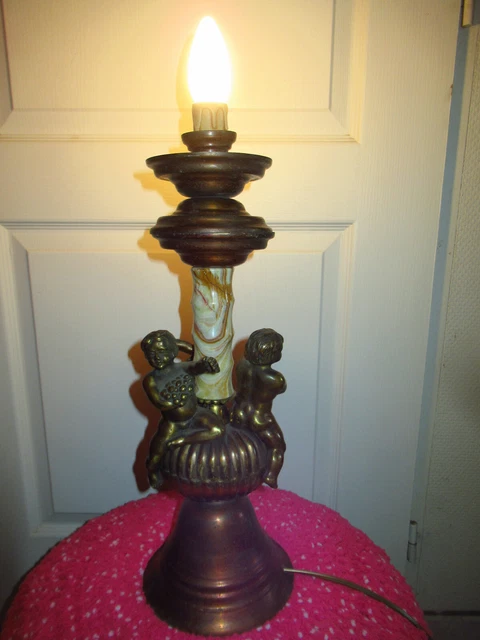Ancien Pied De Lampe En Laiton Et Onyx Avec Anges En Bronze-N°7