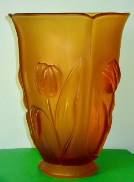 BAROLAC Artist Josef Inwald Antique Art Deco Amber Mat Glass Tulip Vase 1930s