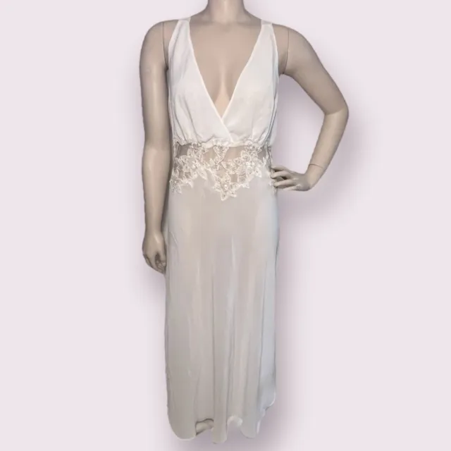 VINTAGE DENTELLE LONG Nightgown Bridal Lingerie Off White Ivory Lace L ...