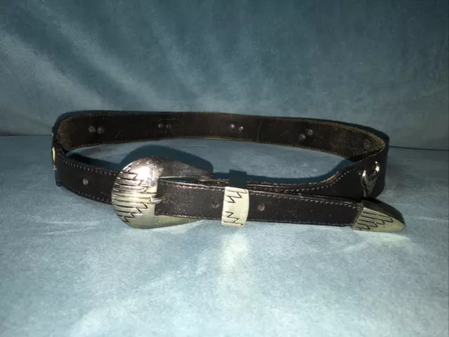 Leather Shop Black Leather Belt Silver Charms Turtle Snake Lizard Bull Size L