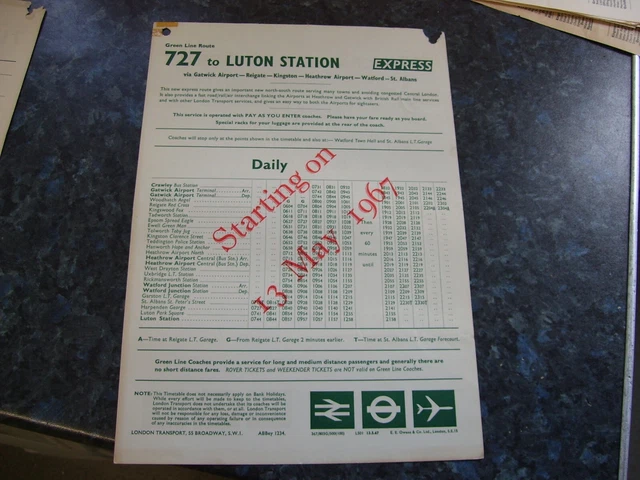 LONDON TRANSPORT/GREENLINE BUS Stop Panel Timetable-Route 727-May 1967 ...