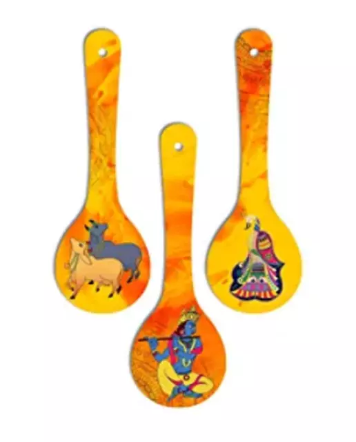 Madhubani Art Elegant Wooden Wall Hanger Spoons For Home Decor Set Of 3