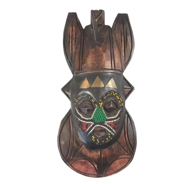 African Beaded Ashanti Mask, Ghana Ceremonial Mask, Bakuta Wood
