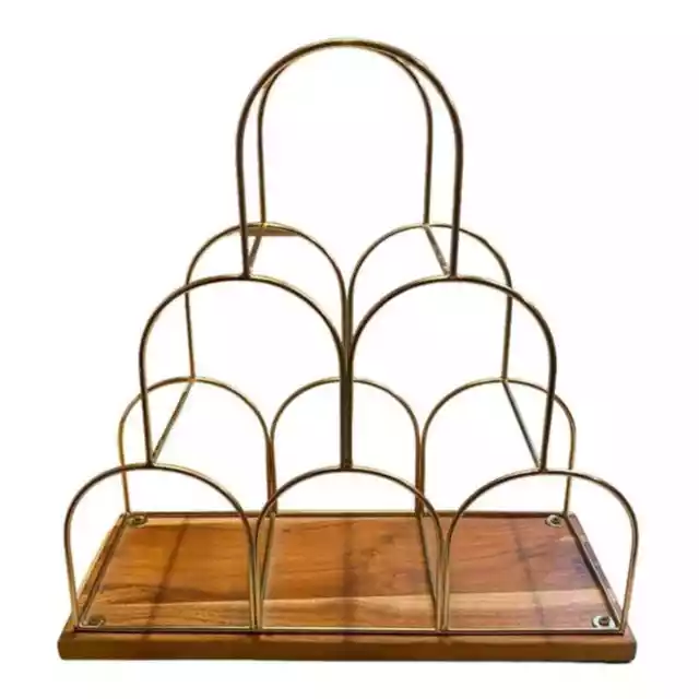 Gold Brass Scalloped Metal Wine Bottle Rack Holder Tabletop Wood Base