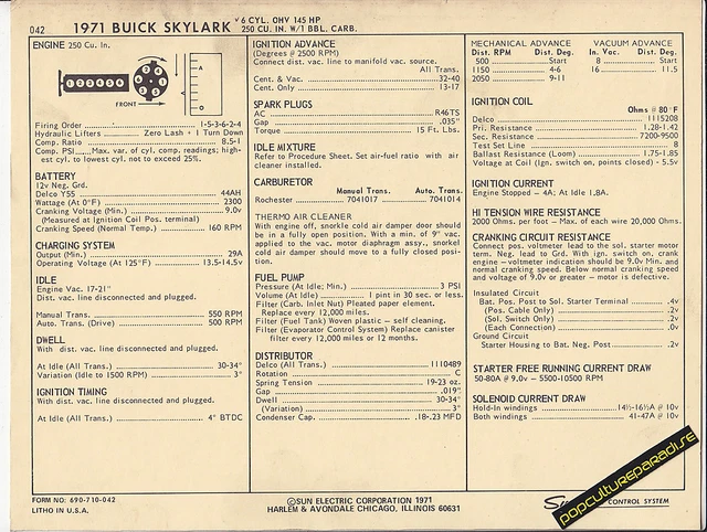1971 BUICK SKYLARK 6 Cylinder OHV 145 hp / 250 ci Car SUN ELECTRIC SPEC SHEET