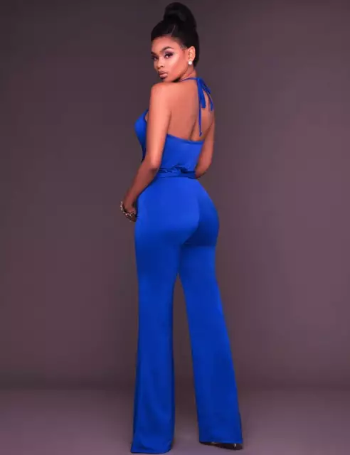 New Sexy Women's Plus Size Maxi Halter Neck Backless Blue Jumpsuit 12-14-16 AU