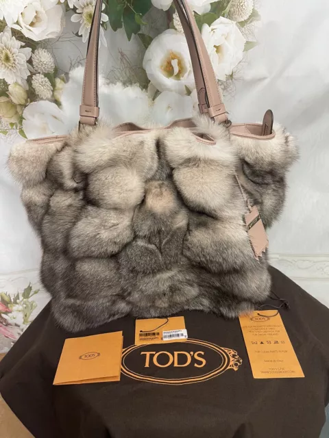 Tod’s New Flower Large Neutral/Multi  Fox Fur Leather Tote Bag Nwts Msrp $2745