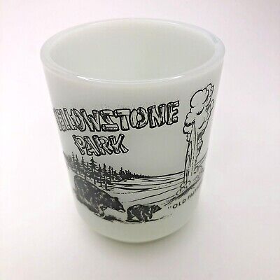 Yellowstone Park Coffee Mug USA Black / White Anchor Hocking Milk Glass 1960's