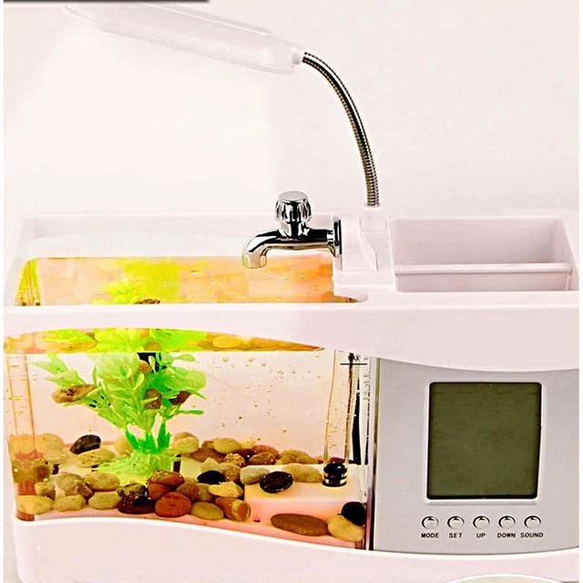 USB Desktop   Tank Aquarium LED Light Lamp Digital Clock Pen Holder, White